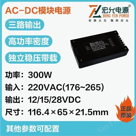 上海宏允AC-DC三路输出独立稳压带载交流模块电源HBB300-220E121528